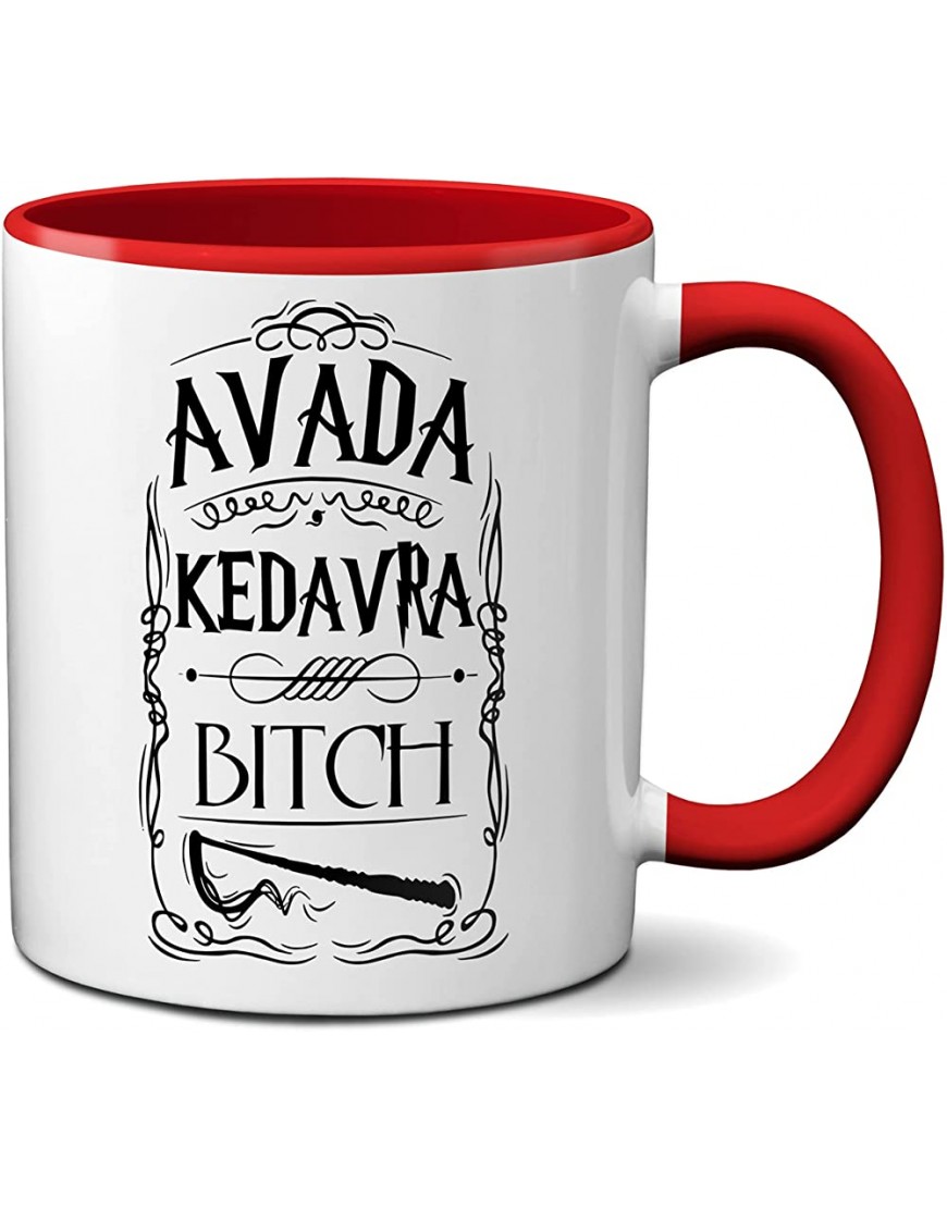 Spell Avada Kedavra Bitch Taza de café blanca con borde y asa rojo - BFBWAD22