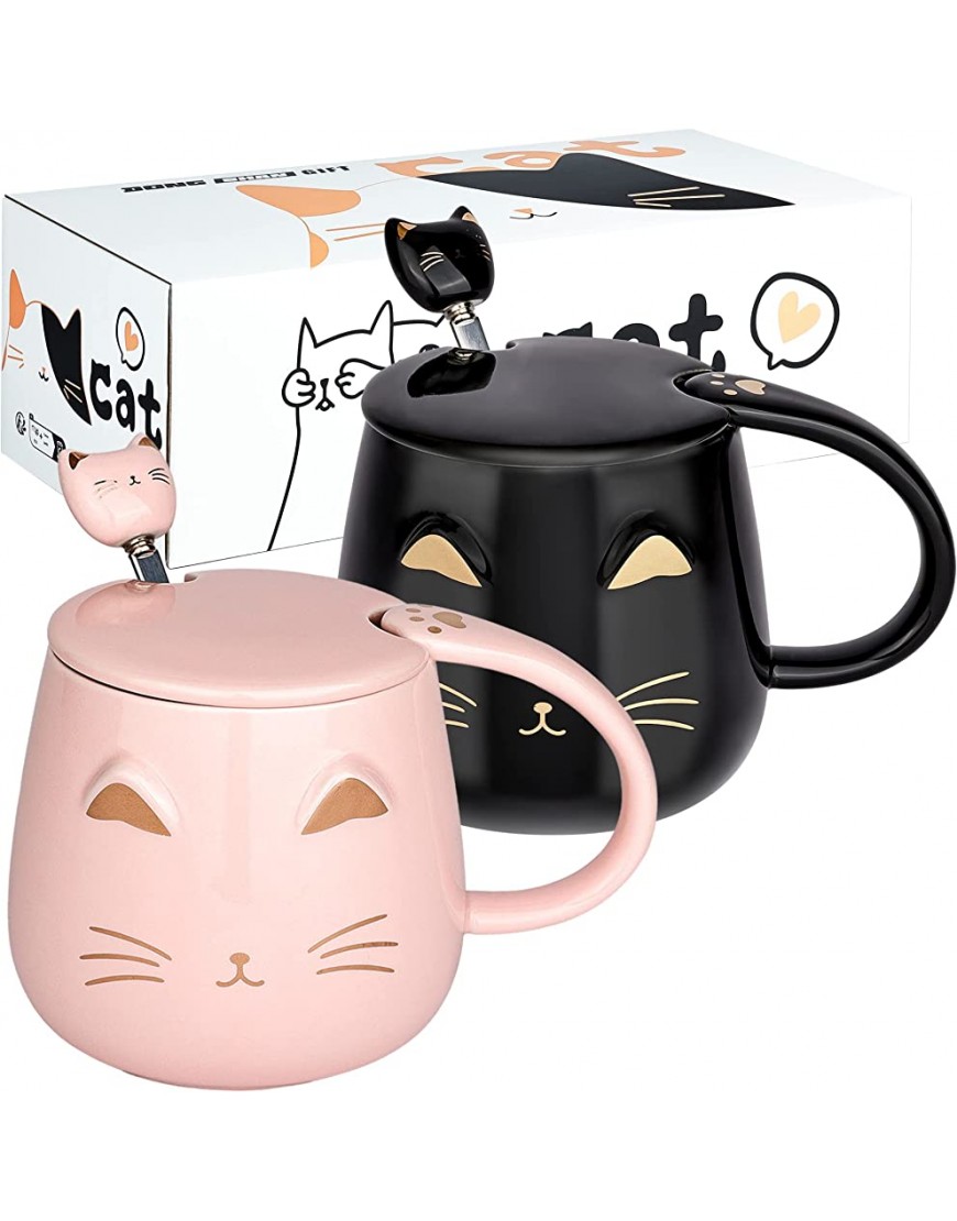 Juego de 2 tazas de café para gatos con tapa y bonita cuchara de gatito juego de tazas de leche para amantes de los gatos niñas y mujeres regalo de cumpleaños de Navidad 450 ml negro y rosa - BEBHK1M7