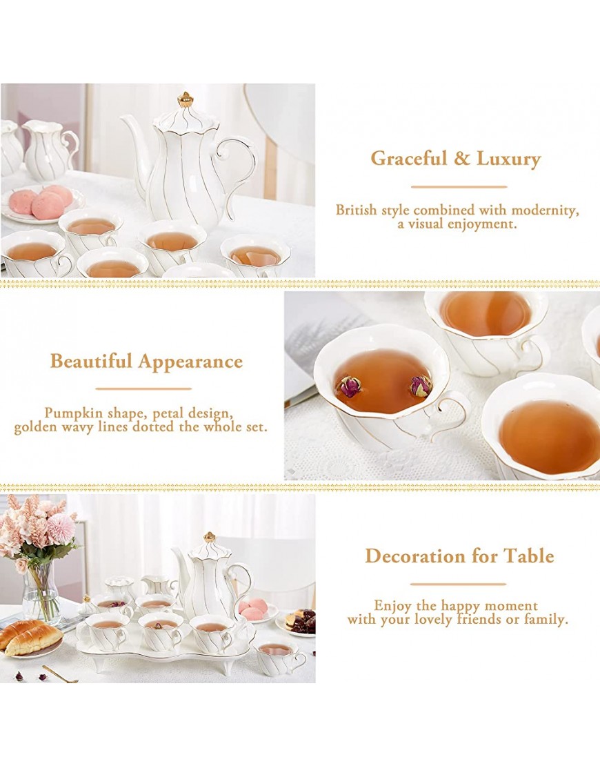 DUJUST Juego de 14 piezas de té con bandeja de té y cucharas juego de tazas de té y café con diseño de diamante moderno con adornos dorados decoración de sala de estar de porcelana - BXJWZ4VN