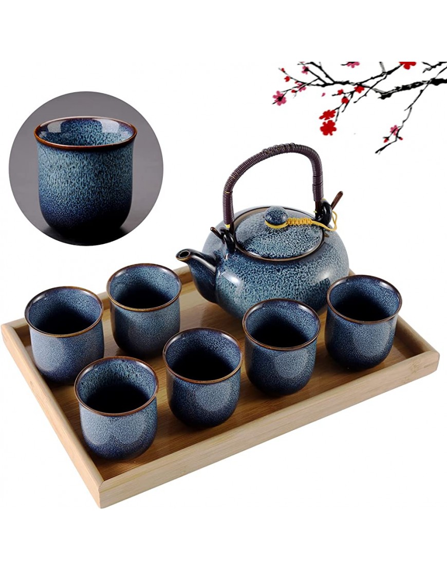 DUJUST Juego de té japonés para 6 juego de té de porcelana de esmalte alterado en el horno con 1 tetera juego de té chino único para adultos amantes del té mujeres hombres azul claro - BMFAFMQ7