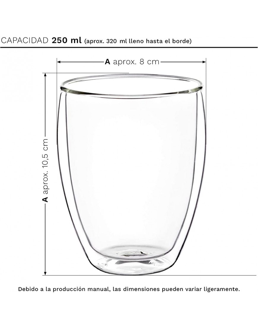 Creano Conjunto de 4 Vasos Térmicos de Doble Pared Gran Vaso Borosilicato Resistente al Calor Vidrio para Café y Té | 250ml - BMRLJEB7