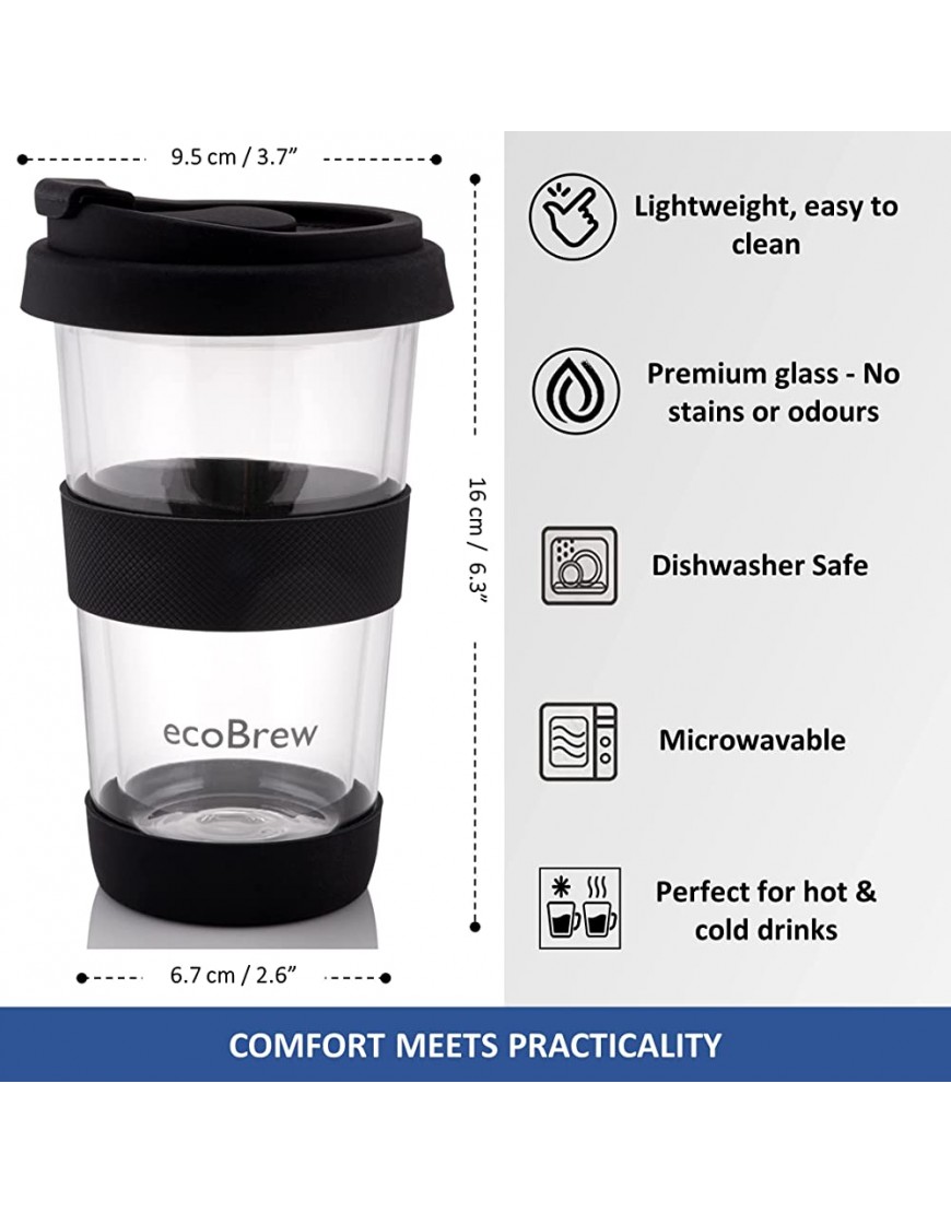 ecoBrew Taza de café de vidrio reutilizable | Doble pared | Taza de viaje ecológica de 12 onzas 345 ml con tapa de silicona segura | Negro - BKMLL66D