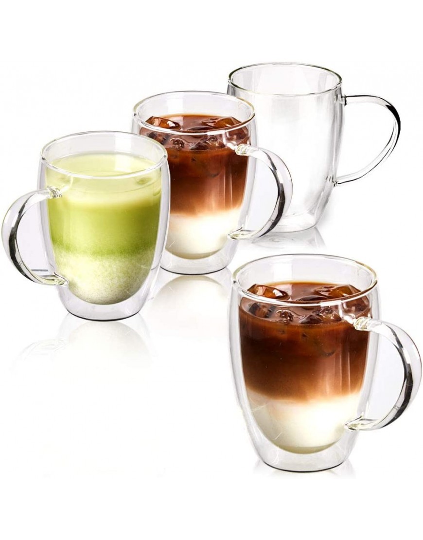 EZOWARE Tazas de Cafe de Vidrio Doble Pared Vasos de Cristal Térmicos con Mango para Bebidas Calientes o Heladas Café de Leche Macchiato Vino Te Set de 4 350ml - BLYDZ6K2