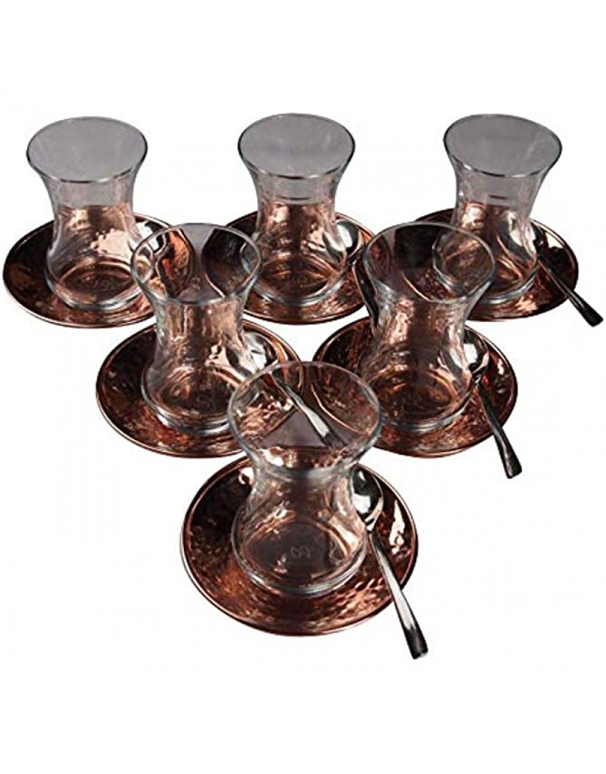 Orient-Feinkost.de Juego de té turco de 18 piezas con platos de cobre martillado y cucharillas de té de acero inoxidable. - BLBBO49A