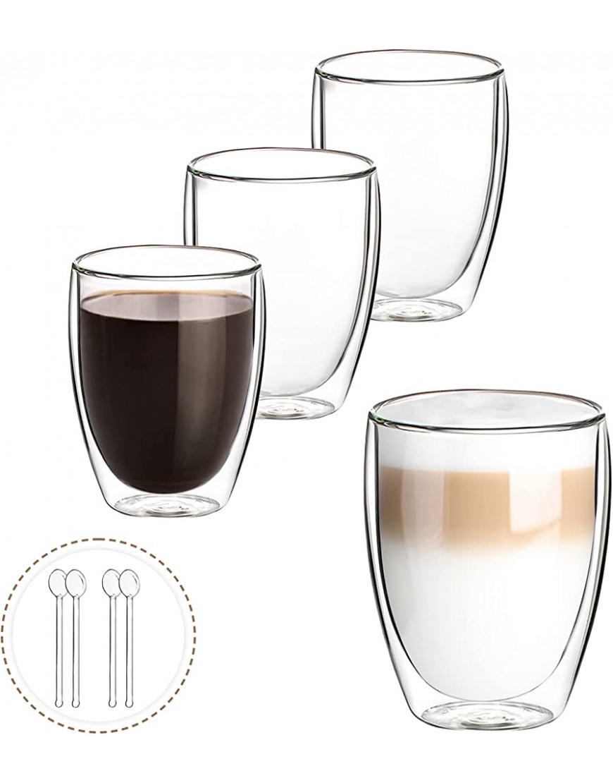 Vasos de Café de Doble Pared Juego de 4-350ml Vasos de Vidrio Borosilicato para Té Latte Leche Cappuccino Jugo 4 Cuchara de Vidrio Gratis - BWUKRNQ9