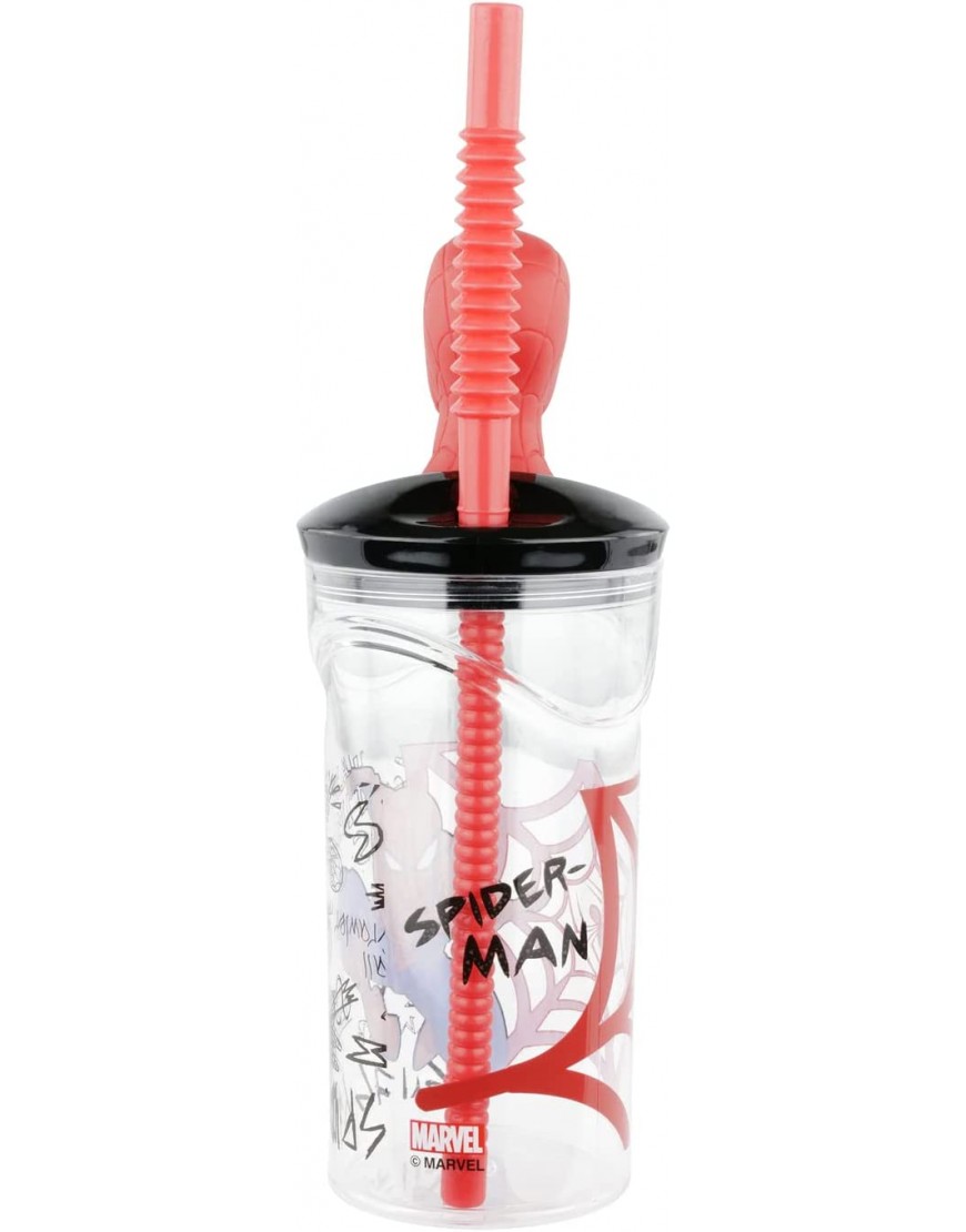 POS 32919 Vaso para niños con pajita y tapa transparente incluye figura 3D en diseño de Spiderman aprox. 360 ml sin BPA ni ftalatos 32919088 - BYXXCK6M