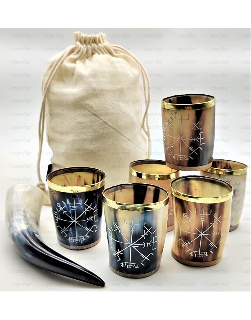 Carfar Handicrafts Juego de 6 vasos de chupito con base de madera natural vikingo - BJGKYH8A