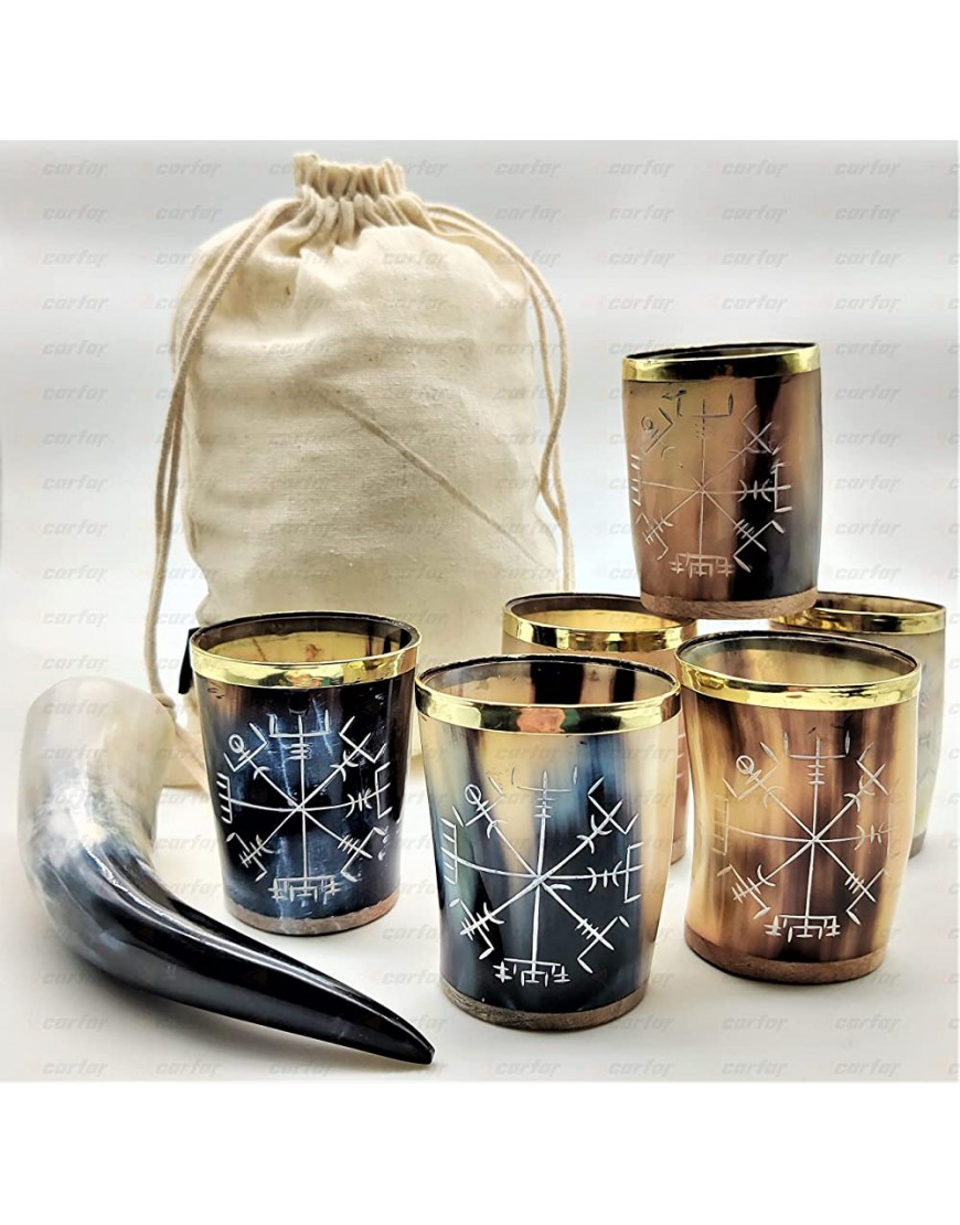 Carfar Handicrafts Juego de 6 vasos de chupito con base de madera natural vikingo - BJGKYH8A