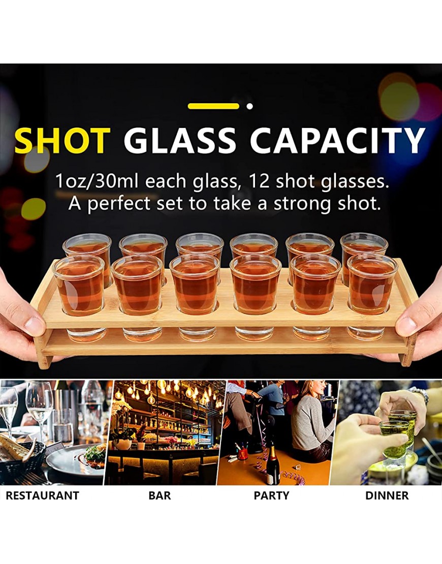 Juego de vasos de chupito soporte de cóctel de madera y vaso de chupito organizador de 12 agujeros con cristal transparente whisky brandy vodka ron en casa fiesta bar - BAUMZE18