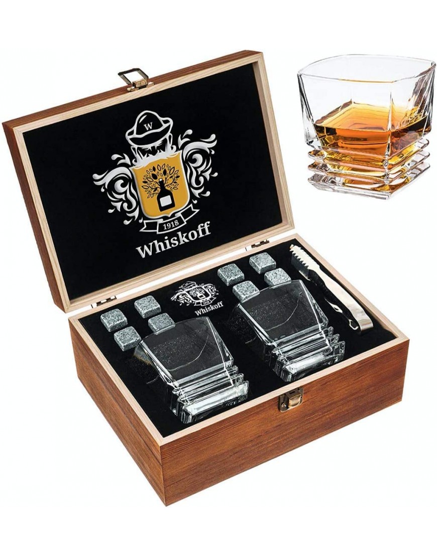 Juego de Regalo de Copas de Cristal Roca Vaso Scotch con Base Fuerte Caja de Regalo de Madera Piedras de enfriamiento para Whiskey de Bourbon Juego de Whiskey de Bourbon - BMMBA93A