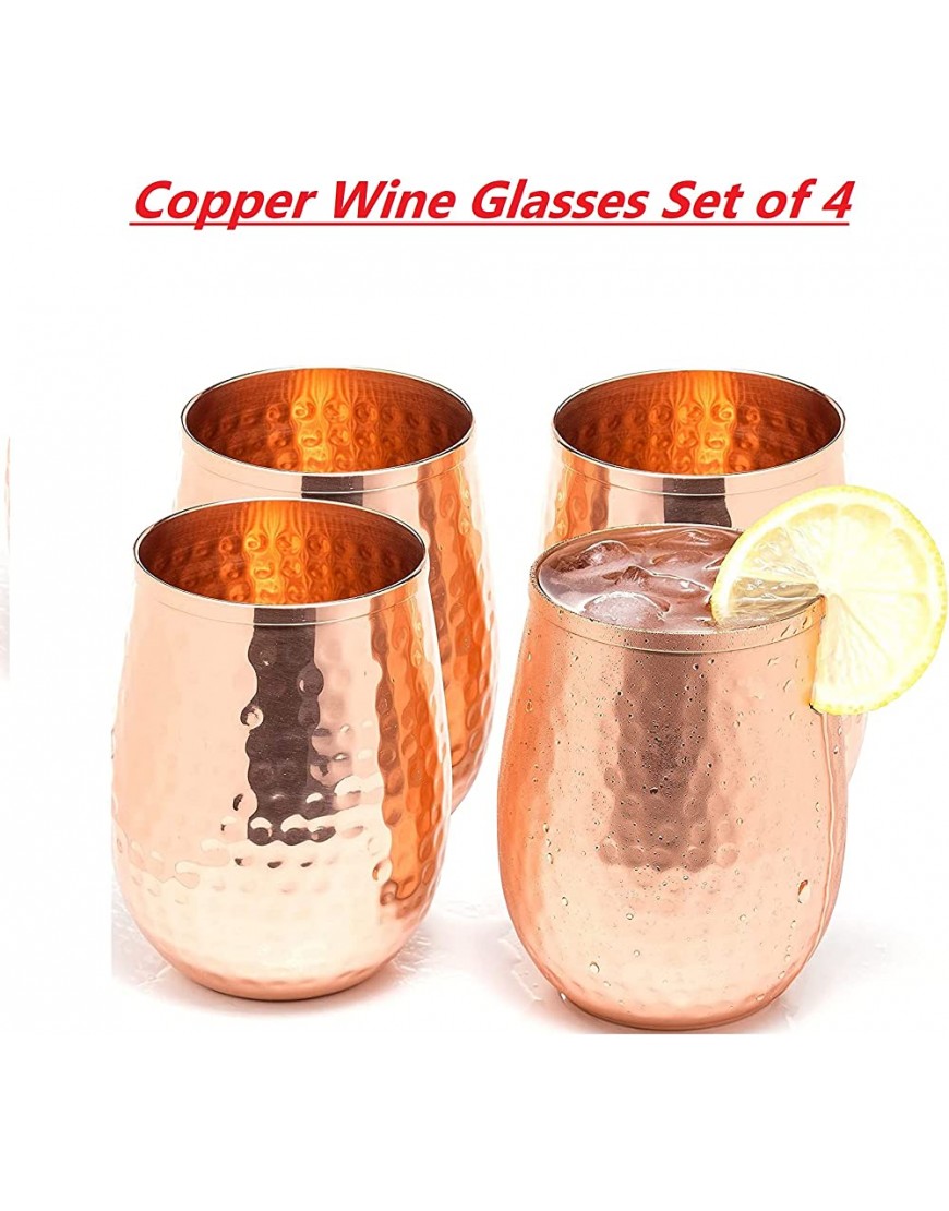 RATNA Juego de 4 vasos de vino y zumo de cobre martillado para beneficios ayurvédicos para la salud 17 onzas - BLOOJKHE