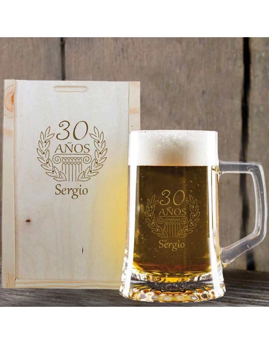 Regalo de cumpleaños Personalizado: Jarra de Cerveza grabada con su Nombre y año de Nacimiento en Estuche de Madera también Grabado - BPUCG32W