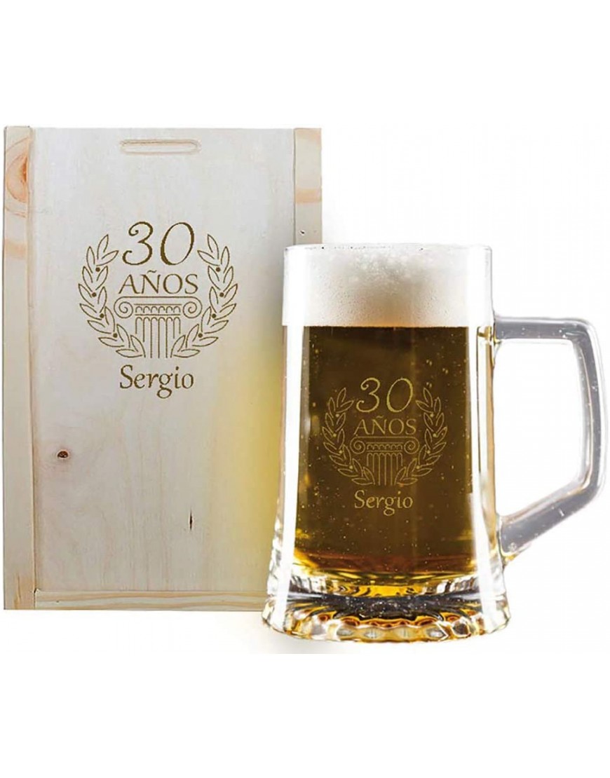Regalo de cumpleaños Personalizado: Jarra de Cerveza grabada con su Nombre y año de Nacimiento en Estuche de Madera también Grabado - BPUCG32W