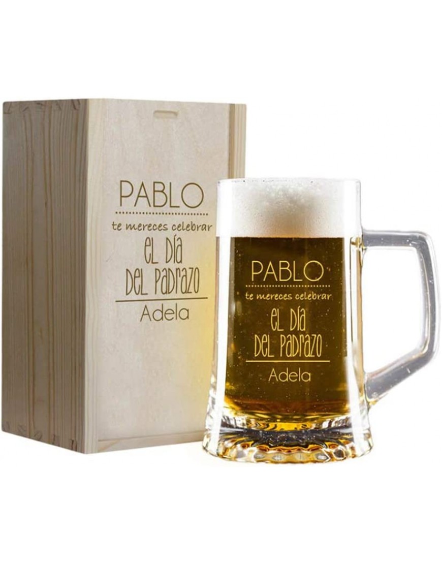 Regalo Personalizado para el Día del Padre: Jarra de Cerveza grabada con vuestros Nombres en Estuche de Madera también Grabado - BPEWNWM5