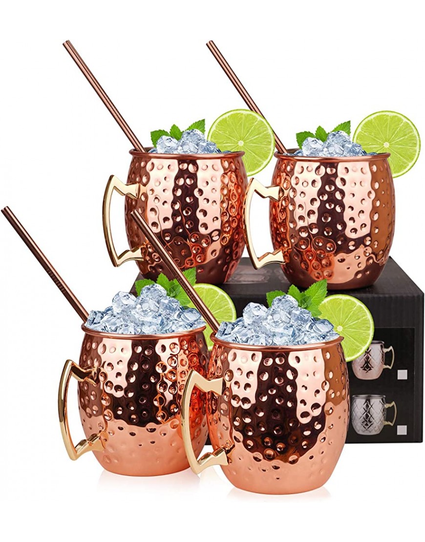 Hossejoy Juego de 4 tazas de cobre Moscow Mule – Incluye 4 vasos de 550 ml – 4 pajitas en caja de regalo – Ideal para cócteles bebidas frías – 100% accesorios de cobre - BDPSW7ND