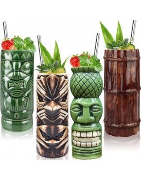 Tiki Tazas Set de 4 – Tazas de cerámica hawaiana para fiestas tazas Tiki Bar para cócteles copas tropicales premium para fiestas exóticas – TJB02 4pcs） - BDECNNJK