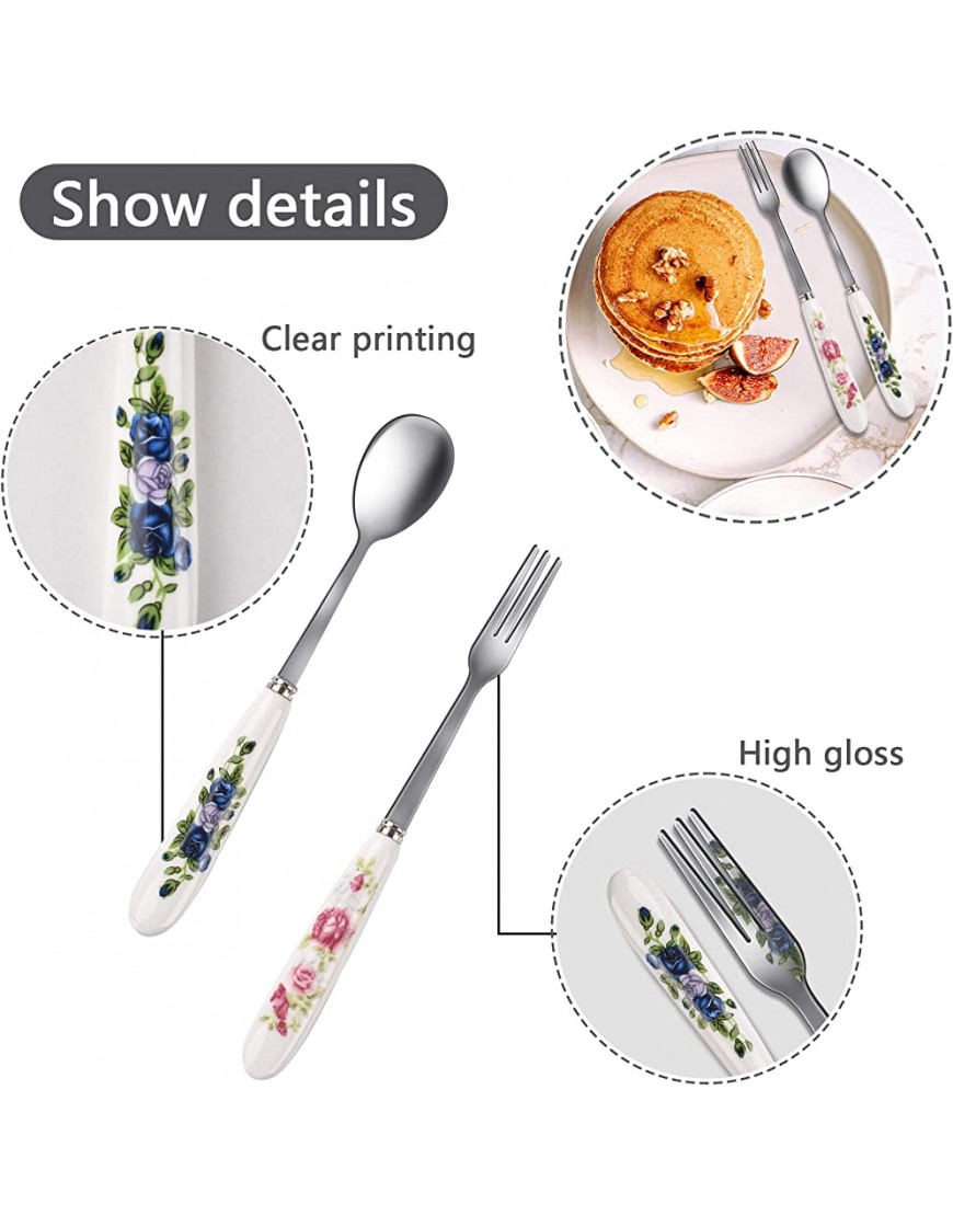 12 cubiertos de mesa cuchara de café con mango de cerámica tenedores de mesa en un diseño de flores cuchara de postre y tenedor para familia y restaurantes - BLJDU8KK
