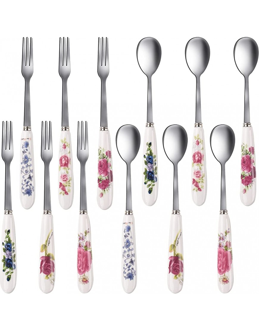 12 cubiertos de mesa cuchara de café con mango de cerámica tenedores de mesa en un diseño de flores cuchara de postre y tenedor para familia y restaurantes - BLJDU8KK