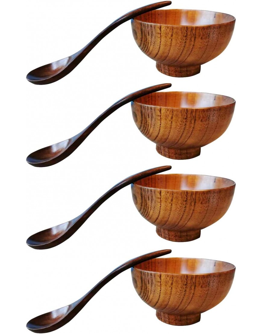 Cuenco de madera de estilo japonés para servir vajilla de arroz sopa inmersión café té decoración 4 piezas 4 cuencos + 4 cucharas - BXWGGH1B
