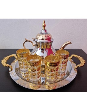 Juego completo de té marroquí Completo Tetera con Filtro Integrado 1.2L + 4 Vasos de cristal + Bandeja 42cm plateada redonda con asas peq - BIJJF8B2