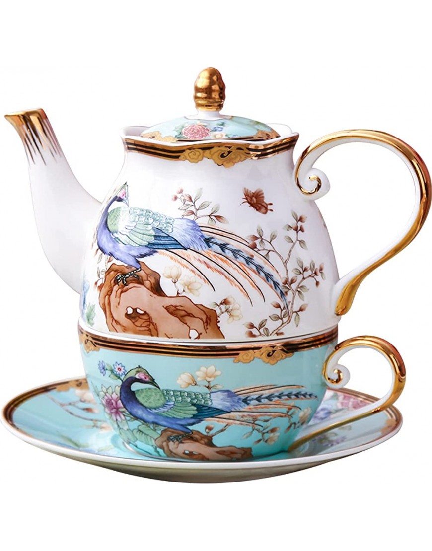 Té para Mujeres platillo de Taza de Tetera apilada té de cerámica para un Set Manos de batido Recortado de Oro para Adultos Regalo para el hogar Blue - BDKPW7M9
