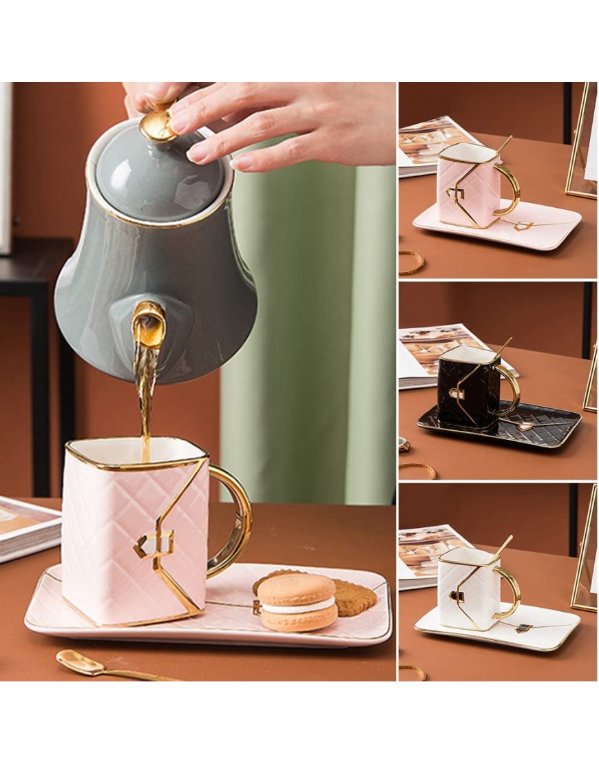 Juego de tazas de café de cerámica con forma de bolsa taza de té con cuchara dorada y bandeja – Both Hot and Cold Beverage Cup para oficina y hogar con tetina adecuada para lavavajillas - BRNNWQ6E