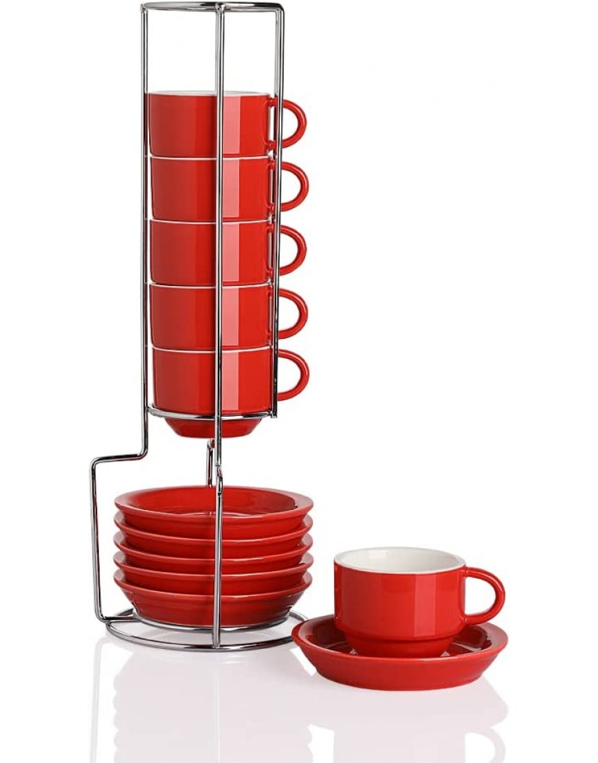Sweejar Juego de 6 tazas y platillos de porcelana para café y café con soporte de metal 70 ml para café con leche café café café café café té color rojo - BKYOFQJM