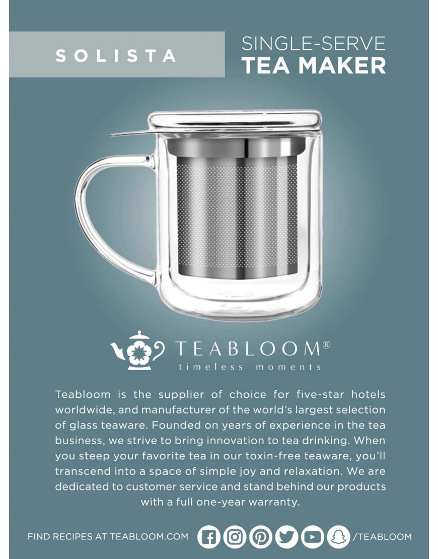 Tetera individual Teabloom 240 ml Taza de vidrio de doble pared con infusor y tapa para preparar una sola taza de té - BGVPO432